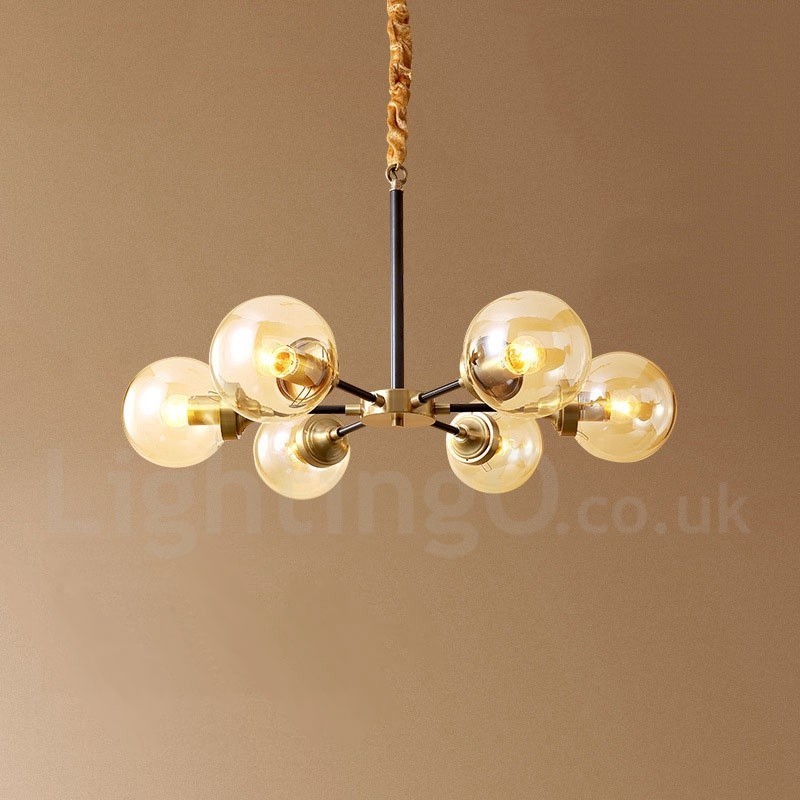 Lampadario a sospensione in ottone con paralumi in vetro stile rustico retrò vintage
