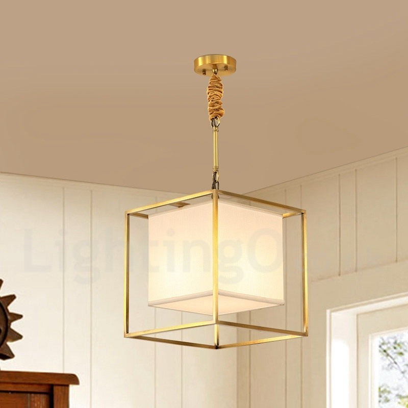 Lampada a sospensione rustica vintage in ottone con paralume in tessuto E14