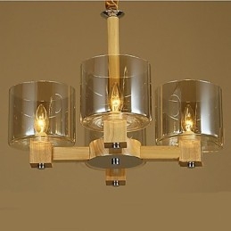 Lampadario a sospensione in legno con copertura in vetro gialla