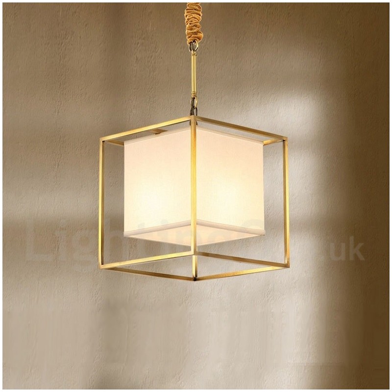 Lampada a sospensione rustica vintage in ottone con paralume in tessuto E14