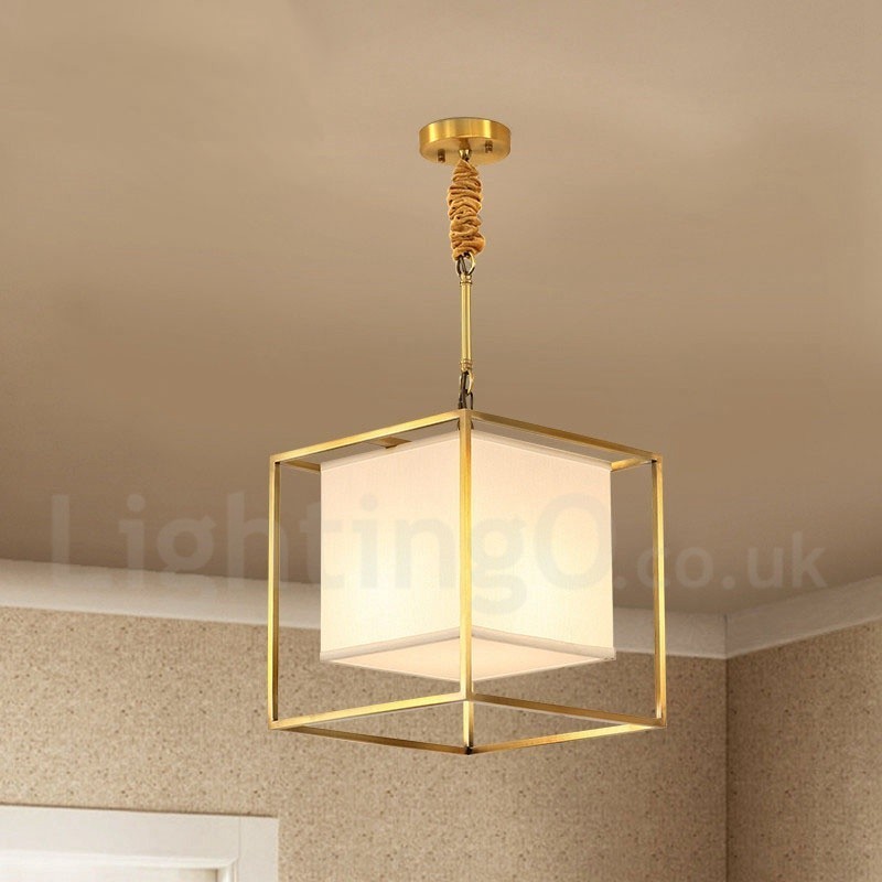 Lampada a sospensione rustica vintage in ottone con paralume in tessuto E14