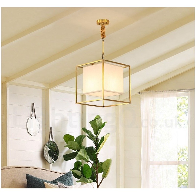 Lampada a sospensione rustica vintage in ottone con paralume in tessuto E14