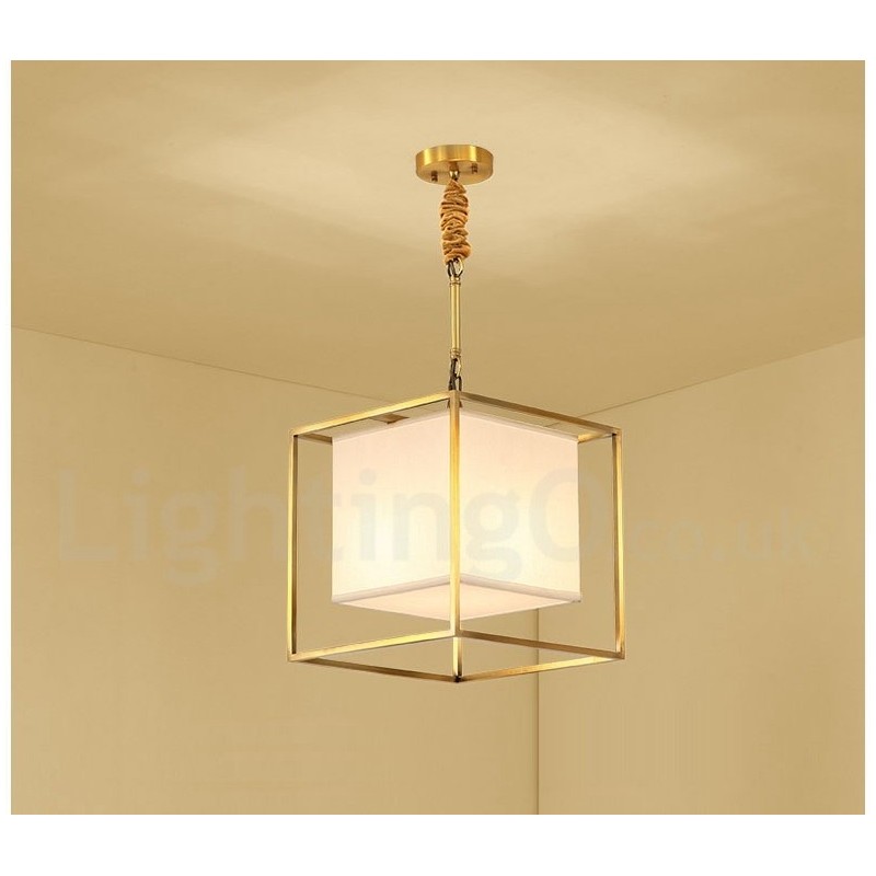 Lampada a sospensione rustica vintage in ottone con paralume in tessuto E14