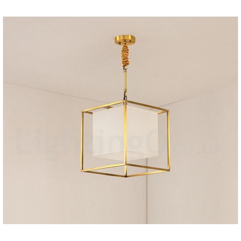 Lampada a sospensione rustica vintage in ottone con paralume in tessuto E14
