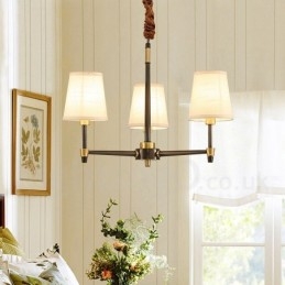 Lampadario a sospensione in ottone con paralumi in tessuto, rustico retrò vintage