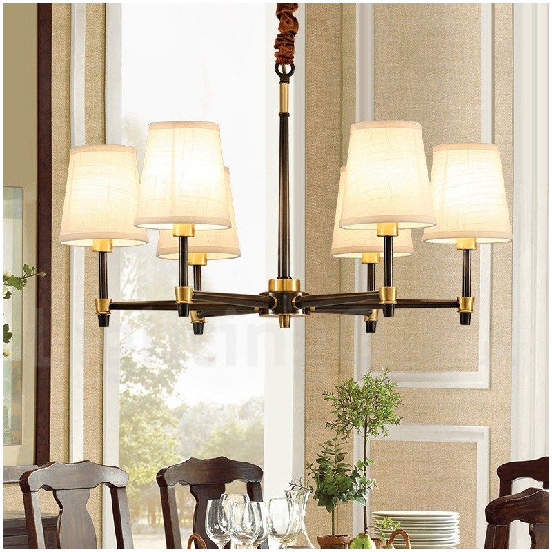 Lampadario a sospensione in ottone con paralumi in tessuto, rustico retrò vintage