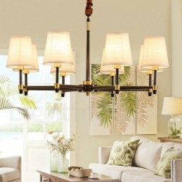 Lampadario a sospensione in ottone con paralumi in tessuto, rustico retrò vintage