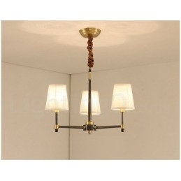 Lampadario a sospensione in ottone con paralumi in tessuto, rustico retrò vintage
