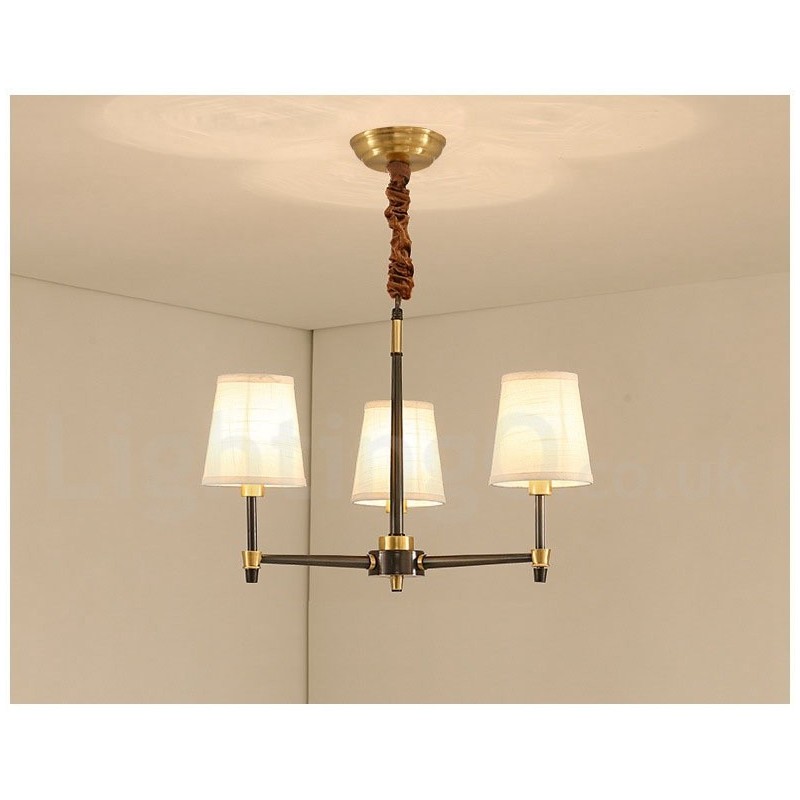 Lampadario a sospensione in ottone con paralumi in tessuto, rustico retrò vintage