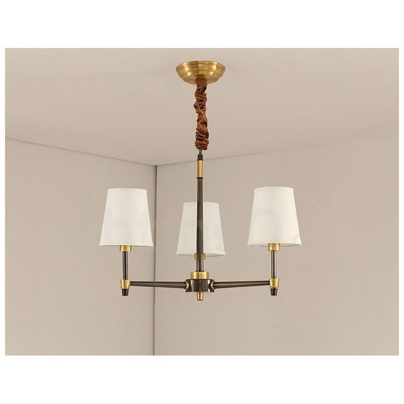 Lampadario a sospensione in ottone con paralumi in tessuto, rustico retrò vintage