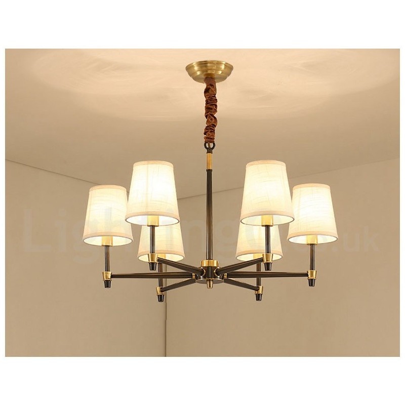 Lampadario a sospensione in ottone con paralumi in tessuto, rustico retrò vintage
