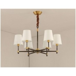 Lampadario a sospensione in ottone con paralumi in tessuto, rustico retrò vintage