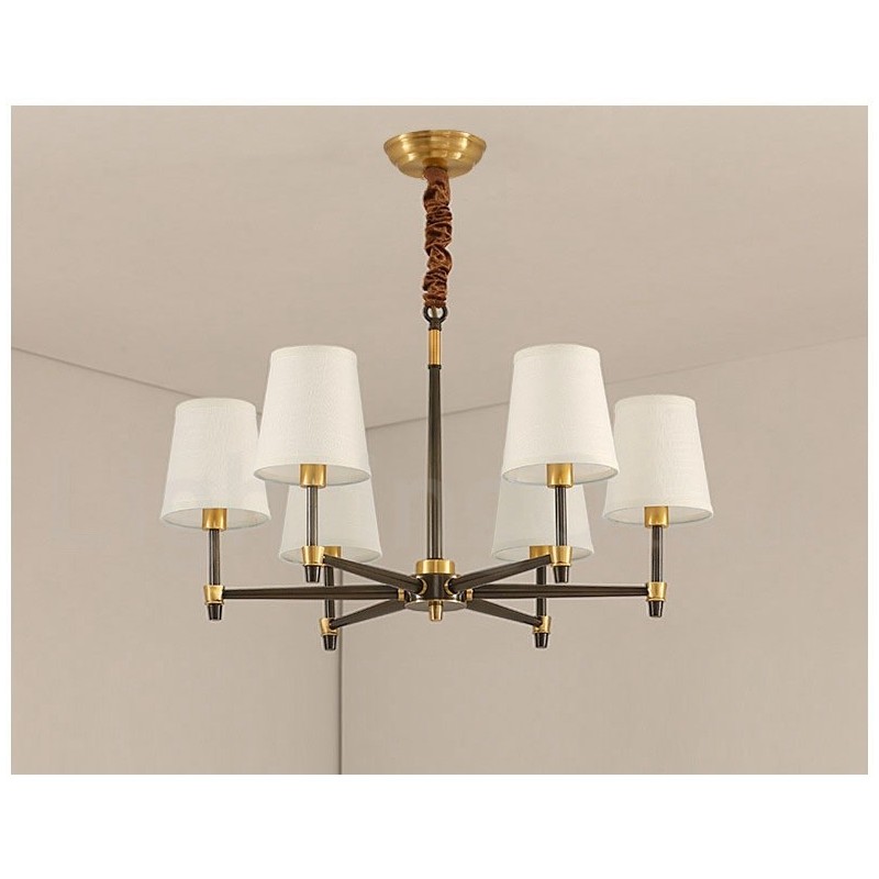 Lampadario a sospensione in ottone con paralumi in tessuto, rustico retrò vintage