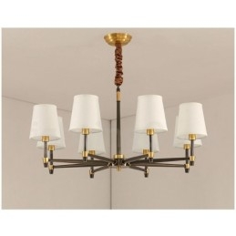 Lampadario a sospensione in ottone con paralumi in tessuto, rustico retrò vintage