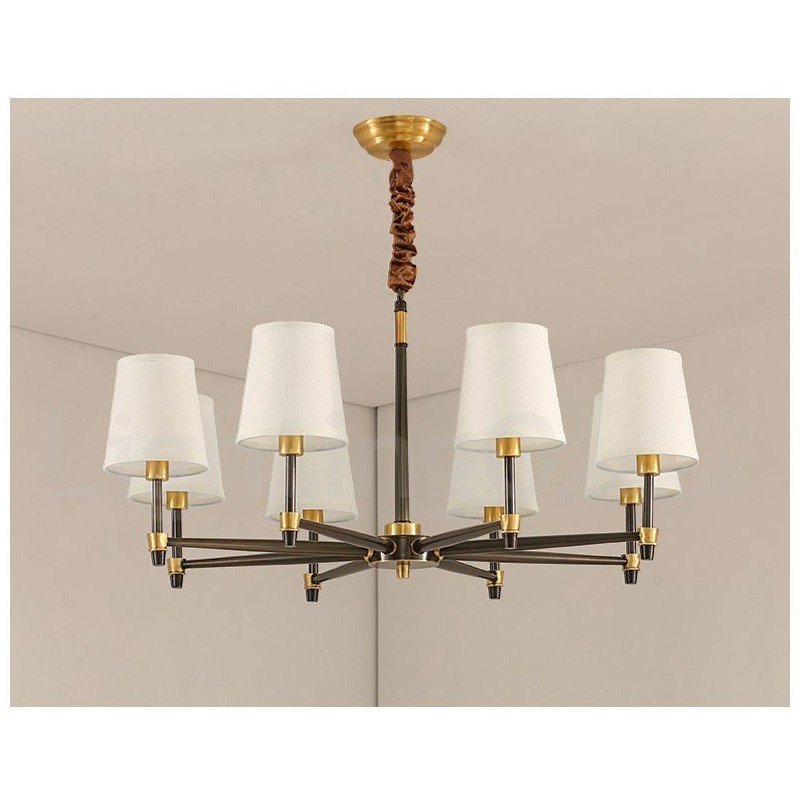 Lampadario a sospensione in ottone con paralumi in tessuto, rustico retrò vintage