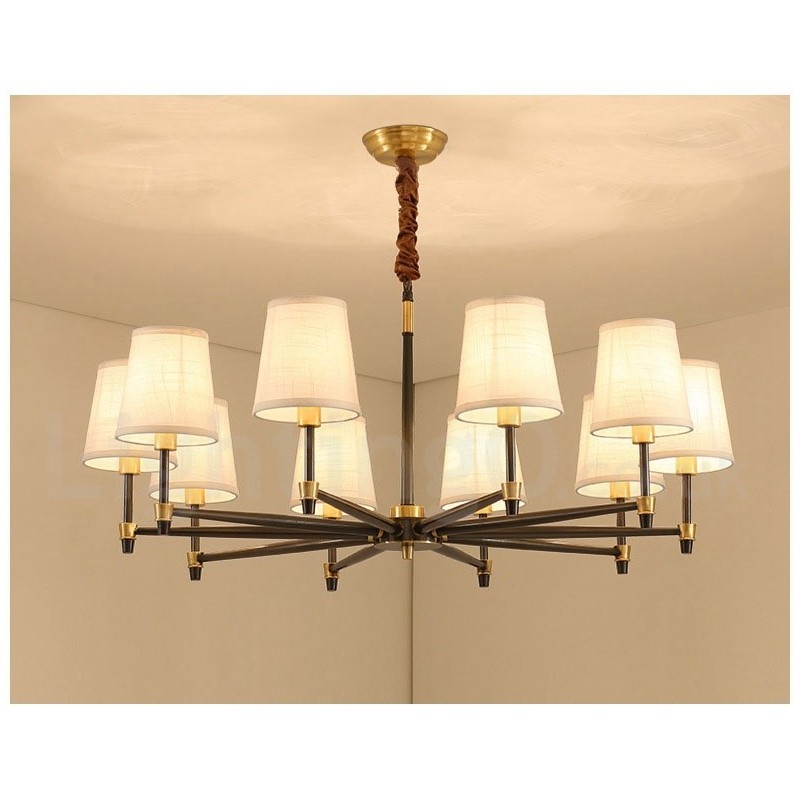 Lampadario a sospensione in ottone con paralumi in tessuto, rustico retrò vintage