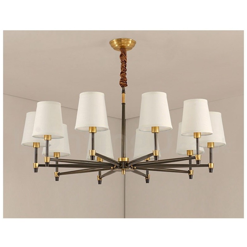 Lampadario a sospensione in ottone con paralumi in tessuto, rustico retrò vintage
