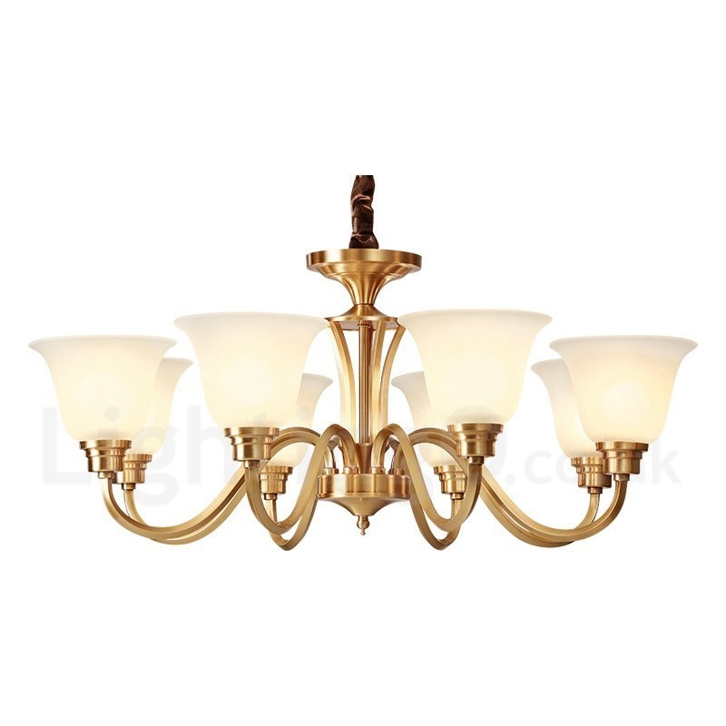 Lampadario a sospensione in ottone massiccio rustico retrò vintage con paralumi in vetro