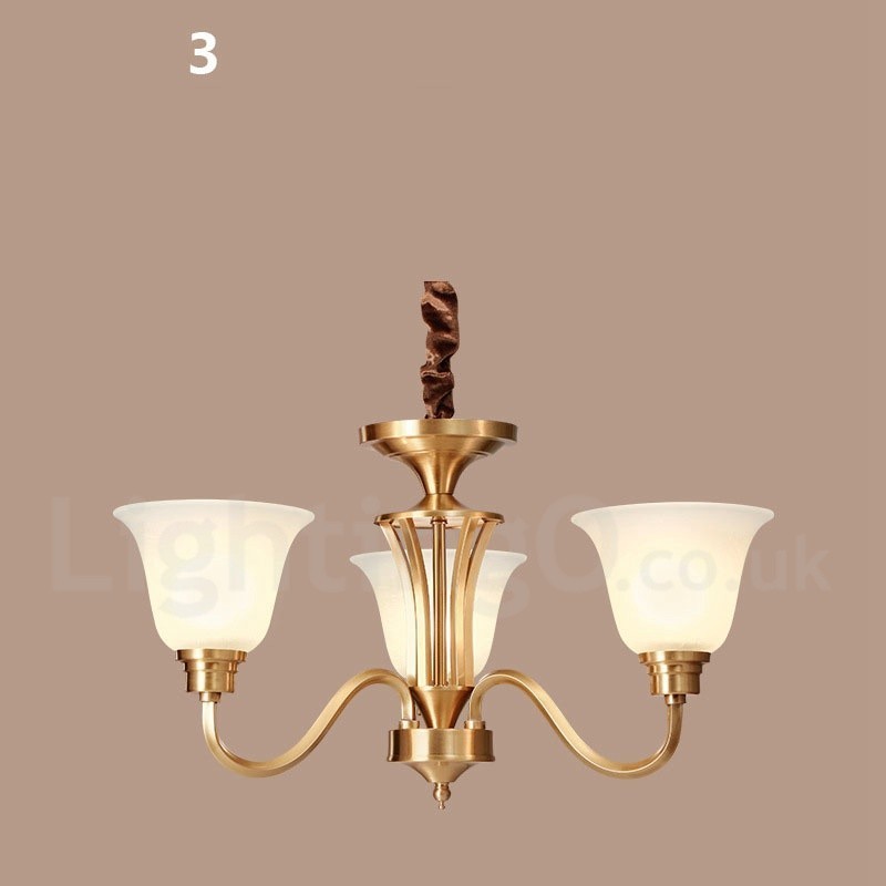 Lampadario a sospensione in ottone massiccio rustico retrò vintage con paralumi in vetro