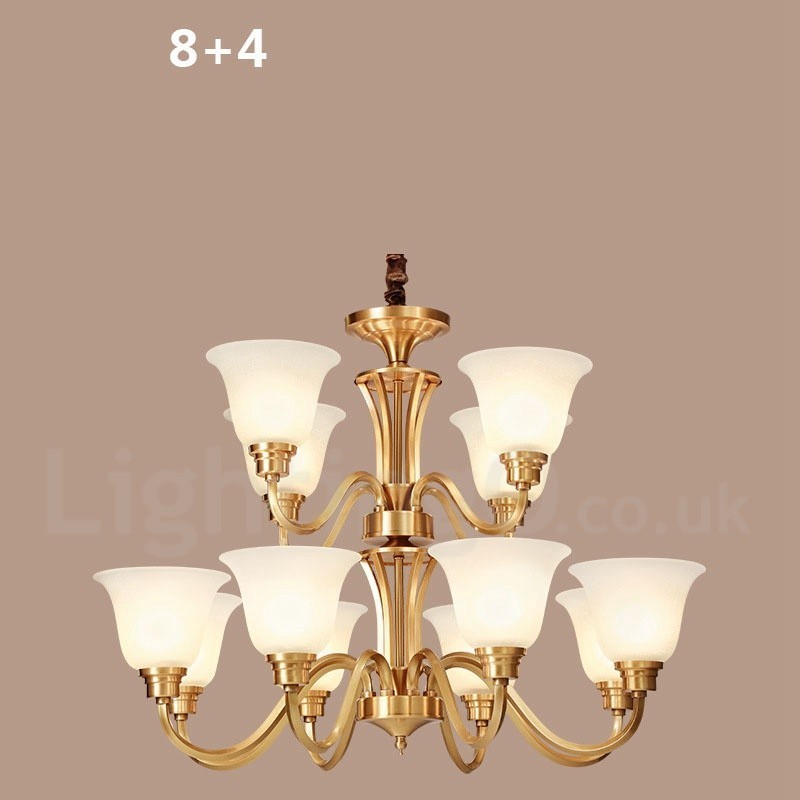 Lampadario a sospensione in ottone massiccio rustico retrò vintage con paralumi in vetro