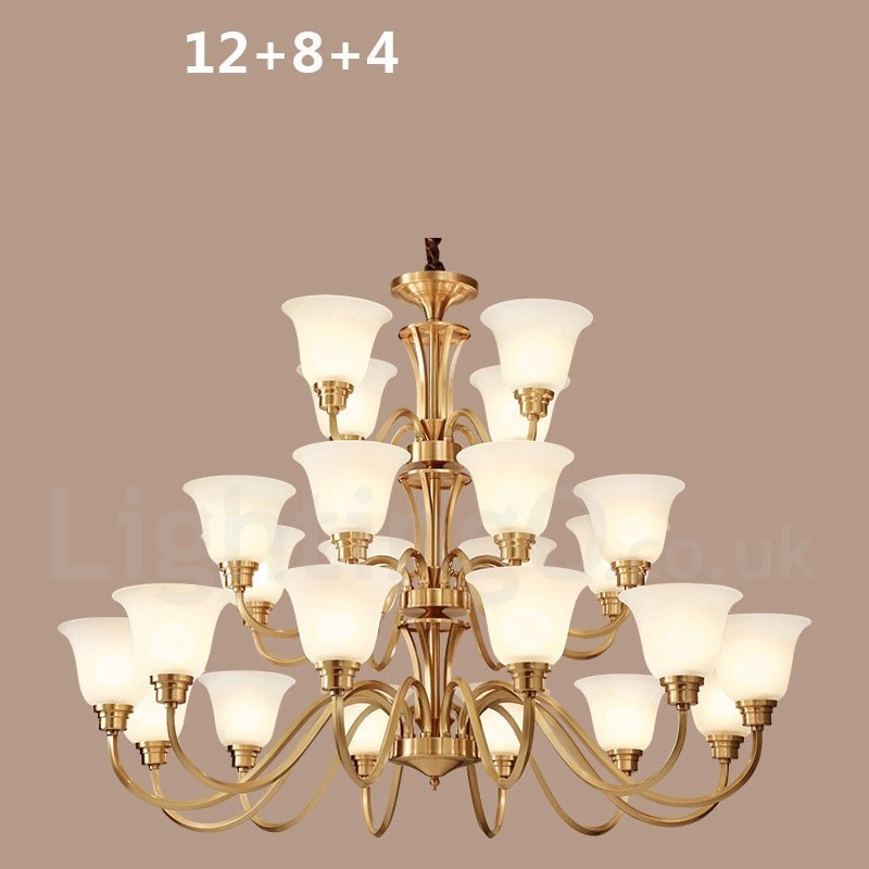 Lampadario a sospensione in ottone massiccio rustico retrò vintage con paralumi in vetro