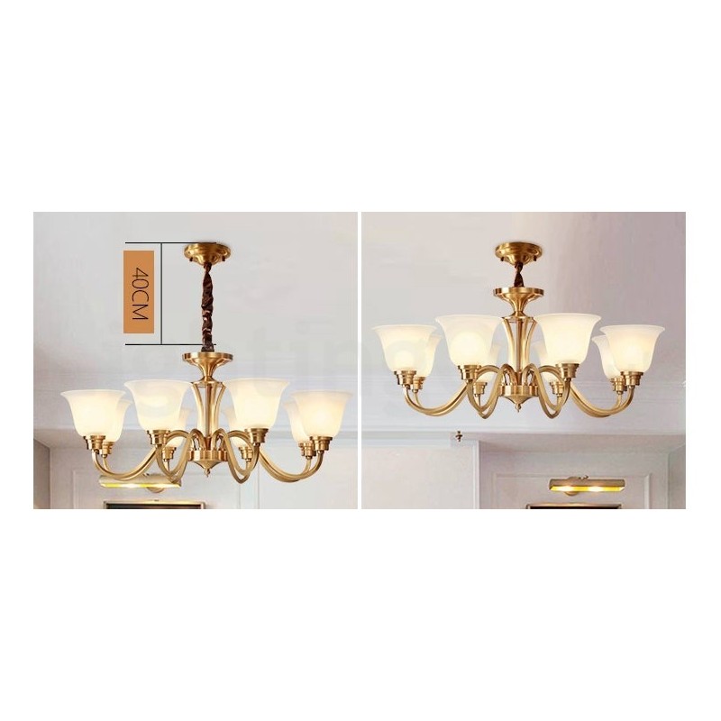 Lampadario a sospensione in ottone massiccio rustico retrò vintage con paralumi in vetro