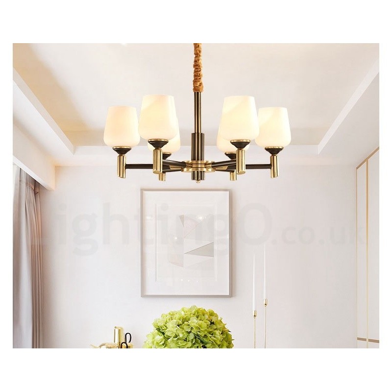 Lampadario a sospensione in ottone con paralumi in vetro, stile rustico retrò vintage