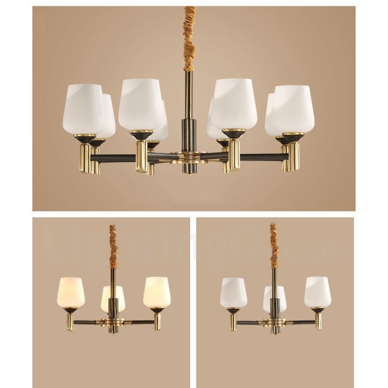 Lampadario a sospensione in ottone con paralumi in vetro, stile rustico retrò vintage