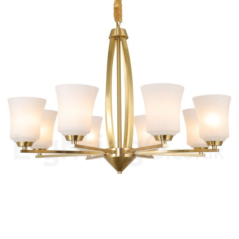 Lampadario a sospensione vintage rustico in ottone e vetro, 8 luci, 82 cm