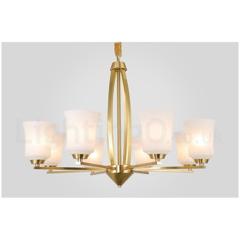 Lampadario a sospensione vintage rustico in ottone e vetro, 8 luci, 82 cm