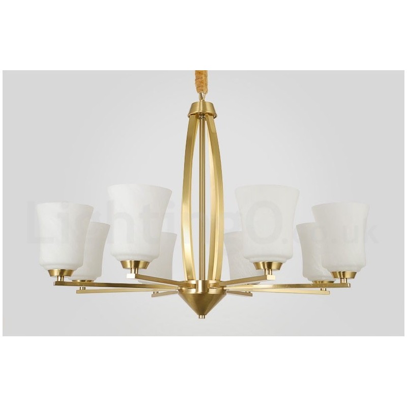 Lampadario a sospensione vintage rustico in ottone e vetro, 8 luci, 82 cm