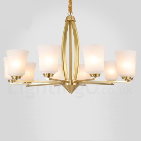 Lampadario a sospensione vintage in ottone con paralumi in vetro 10 luci 94 cm