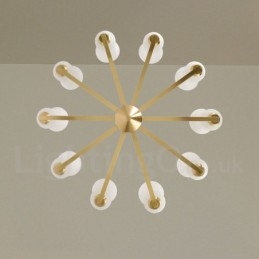 Lampadario a sospensione vintage in ottone con paralumi in vetro 10 luci 94 cm