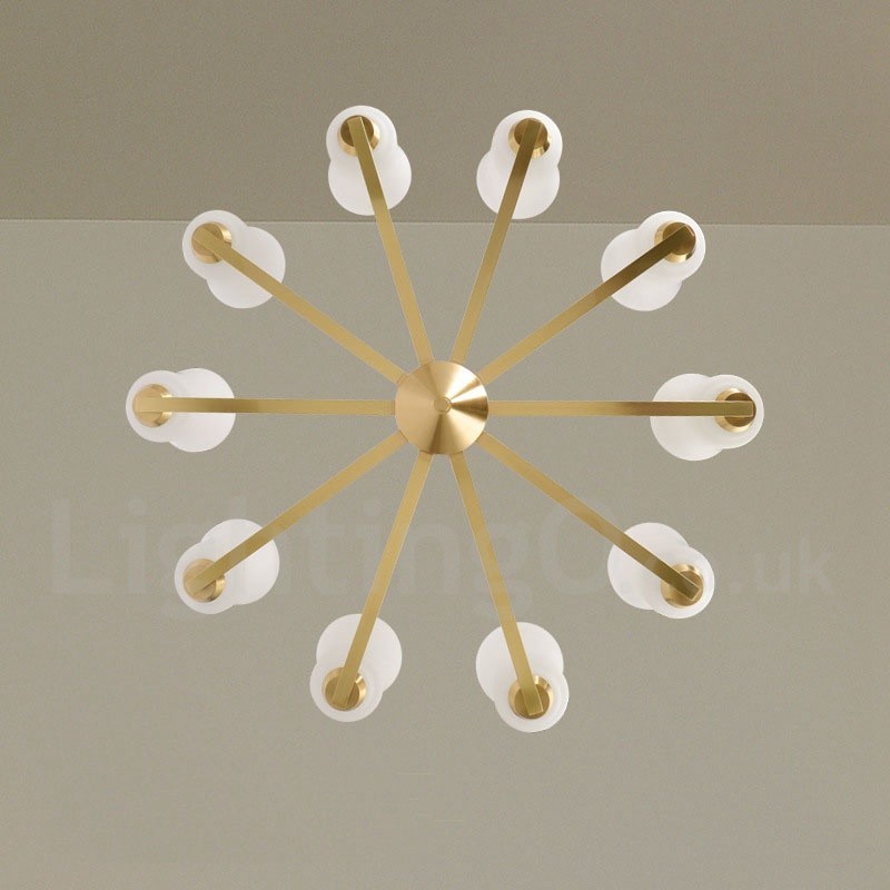 Lampadario a sospensione vintage in ottone con paralumi in vetro 10 luci 94 cm
