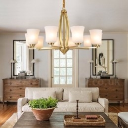 Lampadario a sospensione vintage in ottone con paralumi in vetro 10 luci 94 cm
