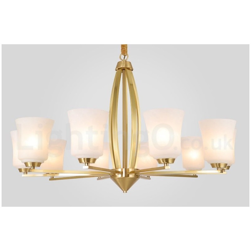 Lampadario a sospensione vintage in ottone con paralumi in vetro 10 luci 94 cm