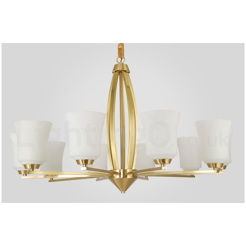 Lampadario a sospensione vintage in ottone con paralumi in vetro 10 luci 94 cm