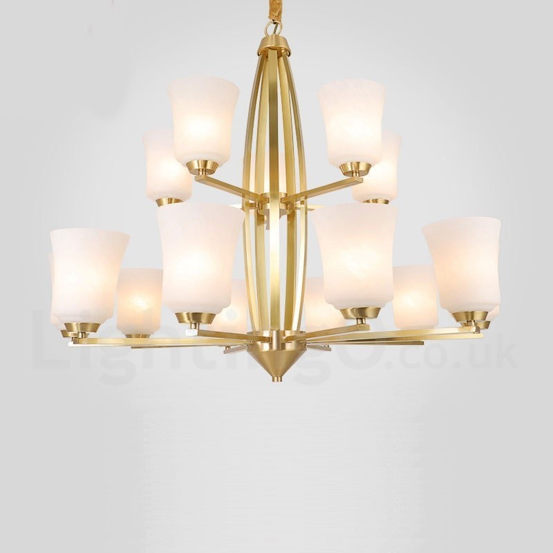 Lampadario a sospensione in ottone con 15 luci e paralumi in vetro, rustico retrò vintage