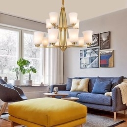 Lampadario a sospensione in ottone con 15 luci e paralumi in vetro, rustico retrò vintage