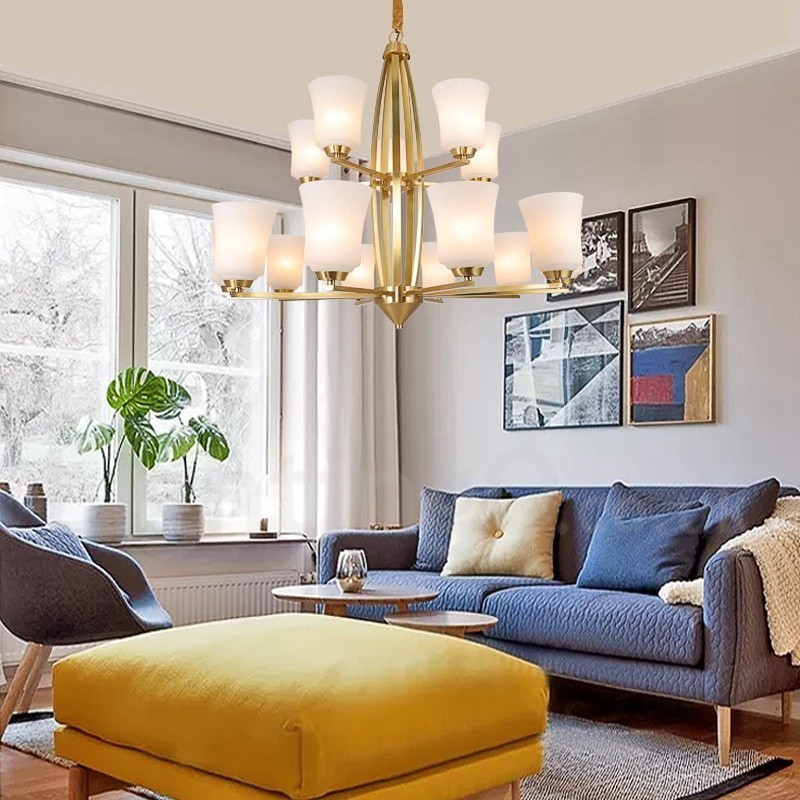 Lampadario a sospensione in ottone con 15 luci e paralumi in vetro, rustico retrò vintage