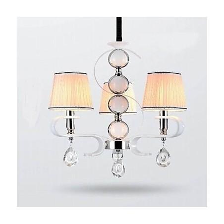 Lampadario moderno in tessuto beige 3 luci con anello argento e giada bianca