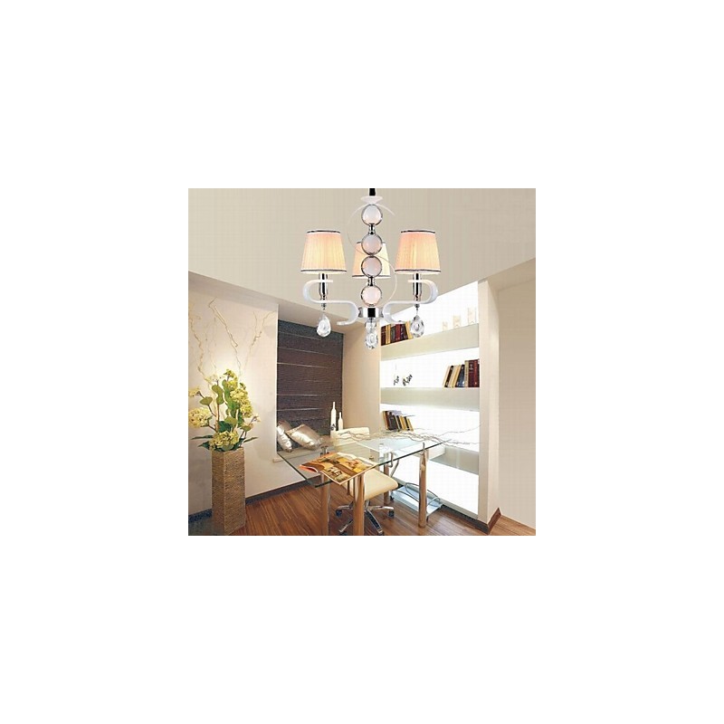 Lampadario moderno in tessuto beige 3 luci con anello argento e giada bianca