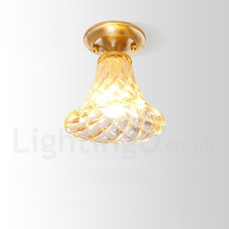 Plafoniera a filo rustica nordica in ottone con paralume in vetro, LED, 15,5 cm