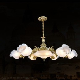 Lampadario classico retrò vintage in metallo bronzo con paralume in vetro bianco