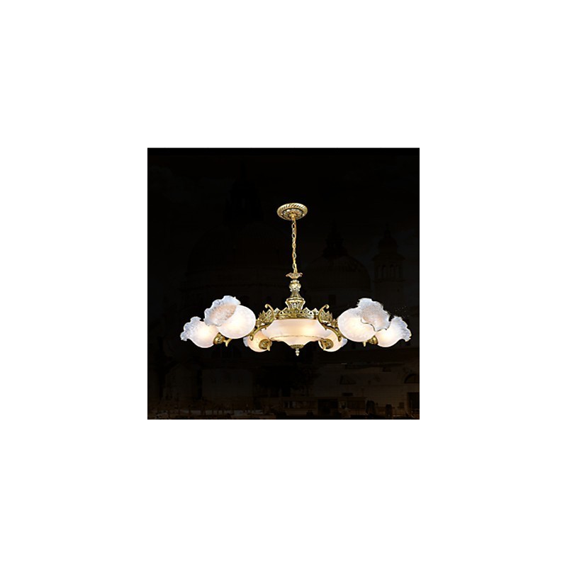 Lampadario classico retrò vintage in metallo bronzo con paralume in vetro bianco