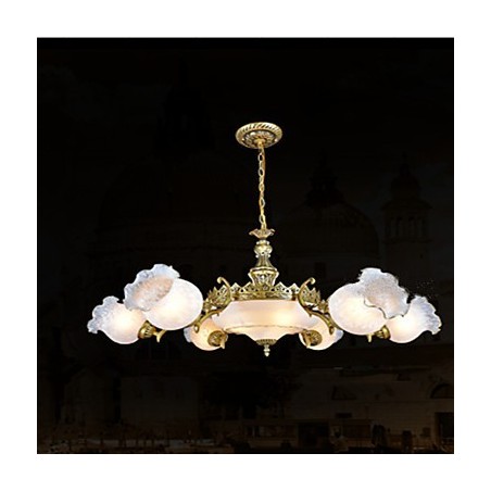 Lampadario classico retrò vintage in metallo bronzo con paralume in vetro bianco