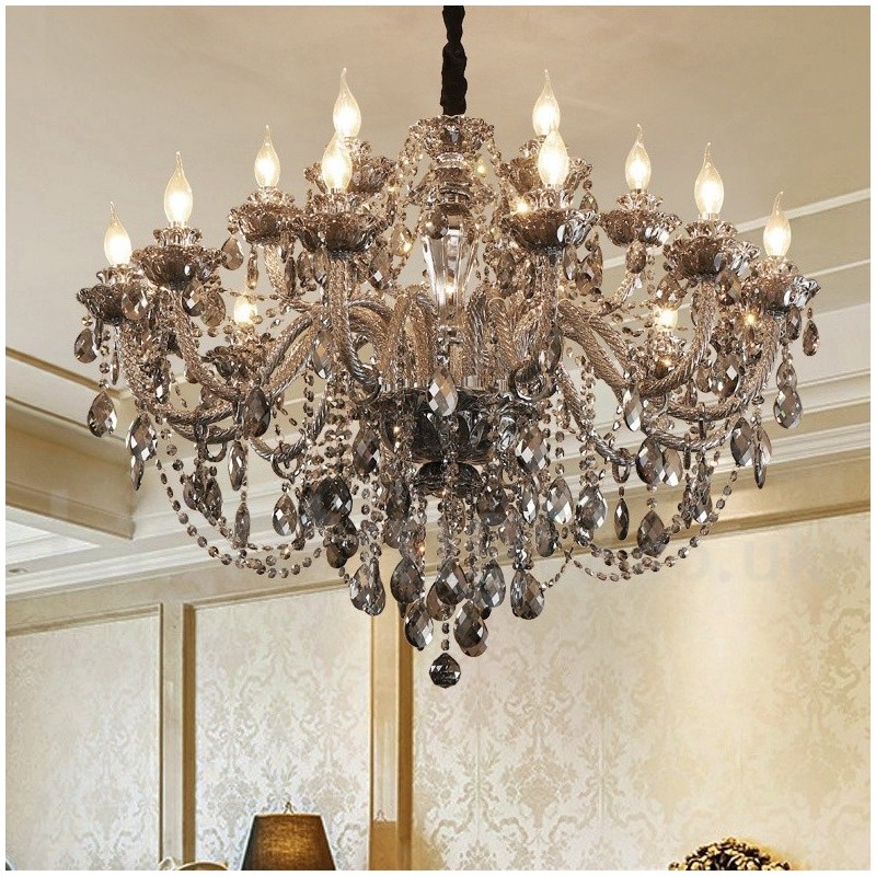Lampadario a candela grande in cristallo K9 grigio retrò 18 luci