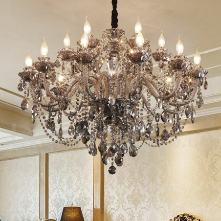 Lampadario a candela grande in cristallo K9 grigio retrò 18 luci