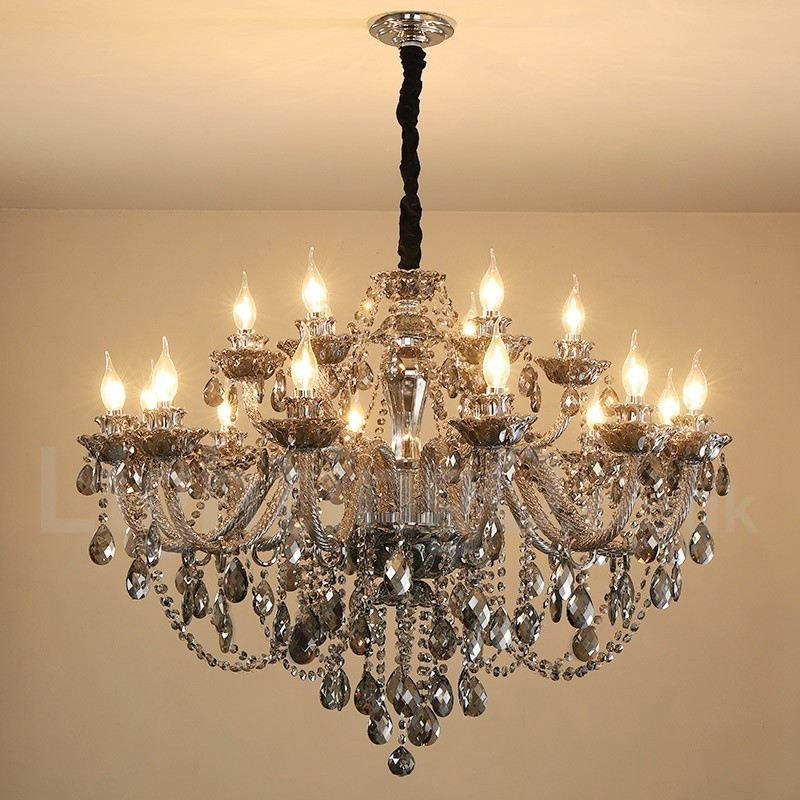Lampadario a candela grande in cristallo K9 grigio retrò 18 luci