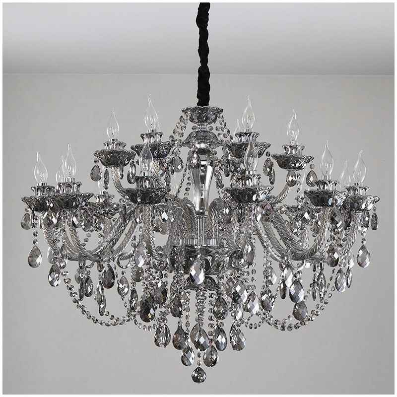 Lampadario a candela grande in cristallo K9 grigio retrò 18 luci